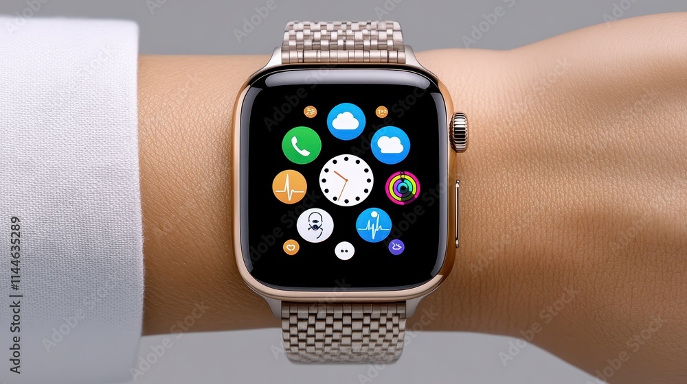 Poster a modern smartwatch displays various colorful apps on a wrist, showcasing its sleek design and funct