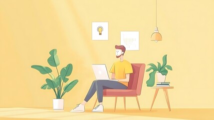 Man Using Laptop in Cozy Room Digital Painting Abstract Style. AI Generated