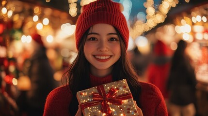 A woman, wearing a cozy red sweater and matching beanie smiles warmly while holding a beautifully wrapped present amidst a bustling holiday market adorned with sparkling lights and decorations