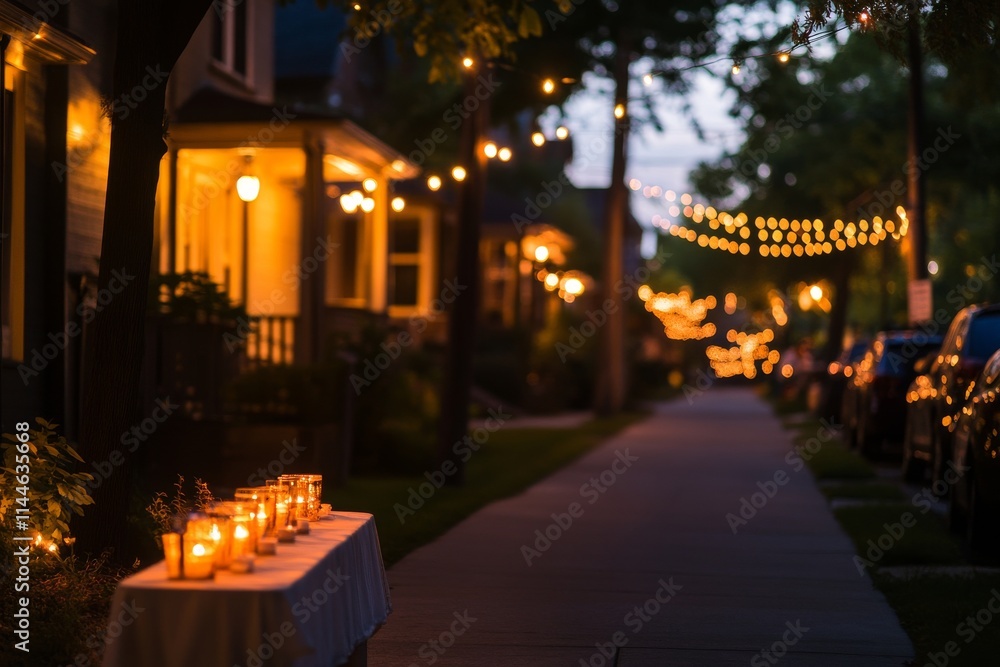 Poster an enchanting evening scene featuring a softly lit sidewalk adorned with glowing candles and string 