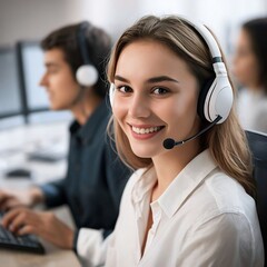 call center operator,representative,Female telephone operator,demonstrating exceptional communication skills and attentive customer service