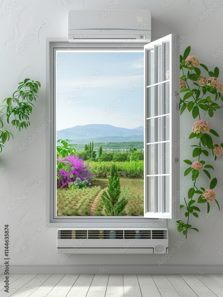 Aufkleber Wall mounted air conditioner beside an open window showcasing a beautiful view of greenery and flowers in bright daylight. Generative AI