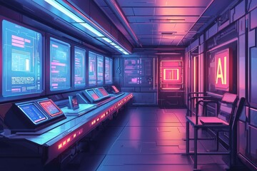 Futuristic AI Lab with Neon Lighting and Digital Screens
