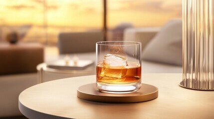 Whiskey cocktail smoke premium spirit. A glass of whiskey with ice sits elegantly on a wooden coaster, complemented by a warm, inviting background of sunset and modern decor.