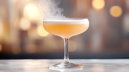 Whiskey cocktail smoke premium spirit. A stylish cocktail in a coupe glass, featuring a pale hue and wisps of vapor rising above, set against a softly blurred background.