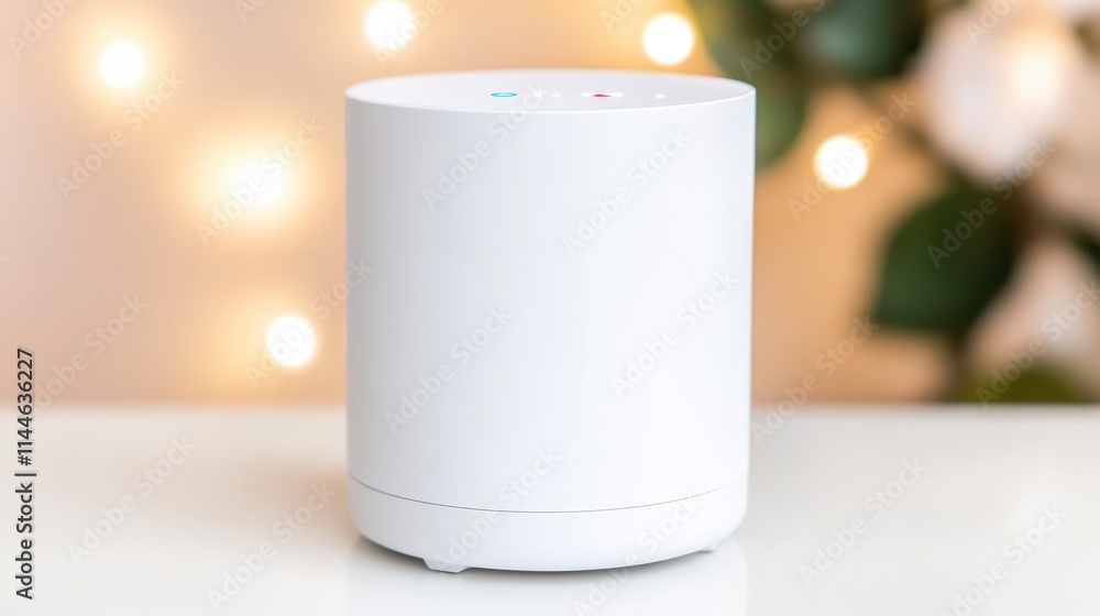 Poster a sleek white smart speaker, blending modern design with functionality, set against a softly illumin