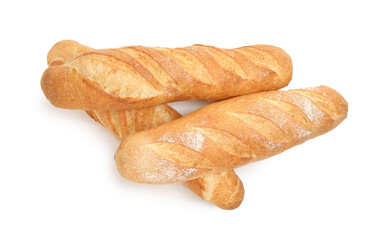 Three freshly baked baguettes isolated on white, top view