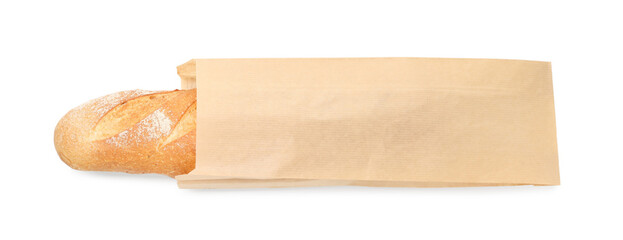 Freshly baked baguette in paper bag isolated on white, top view