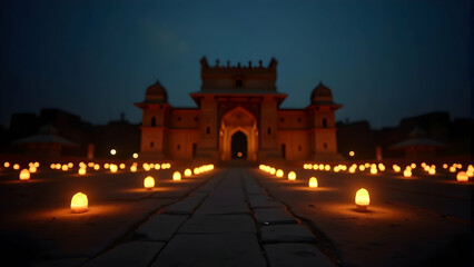 Fototapeta premium Enchanted Palace: A pathway of light leads to an ancient, mysterious gateway under a starless night.