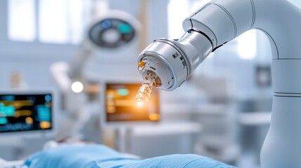 A robotic surgical arm hovers over a patient in a modern operating room, showcasing advanced technology in healthcare.