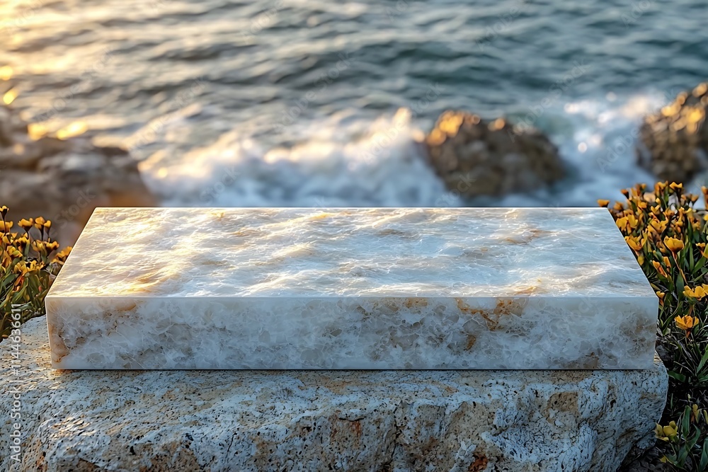 Poster empty stone podium on sandy beach with gentle ocean waves in the background for product display conc