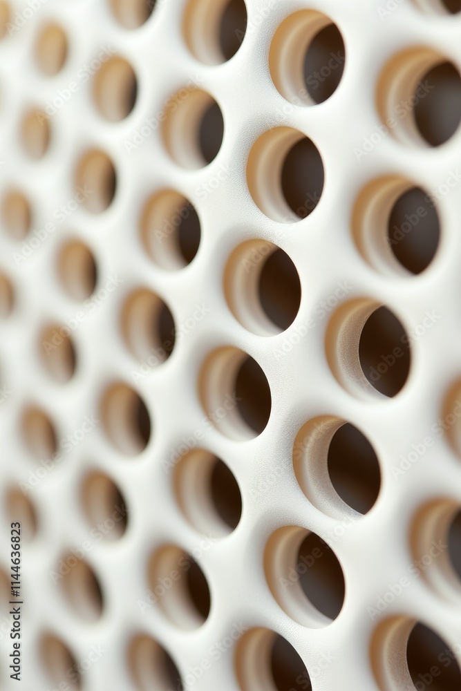 Poster close-up image of a perforated surface, showcasing a pattern of evenly spaced holes that create a mo