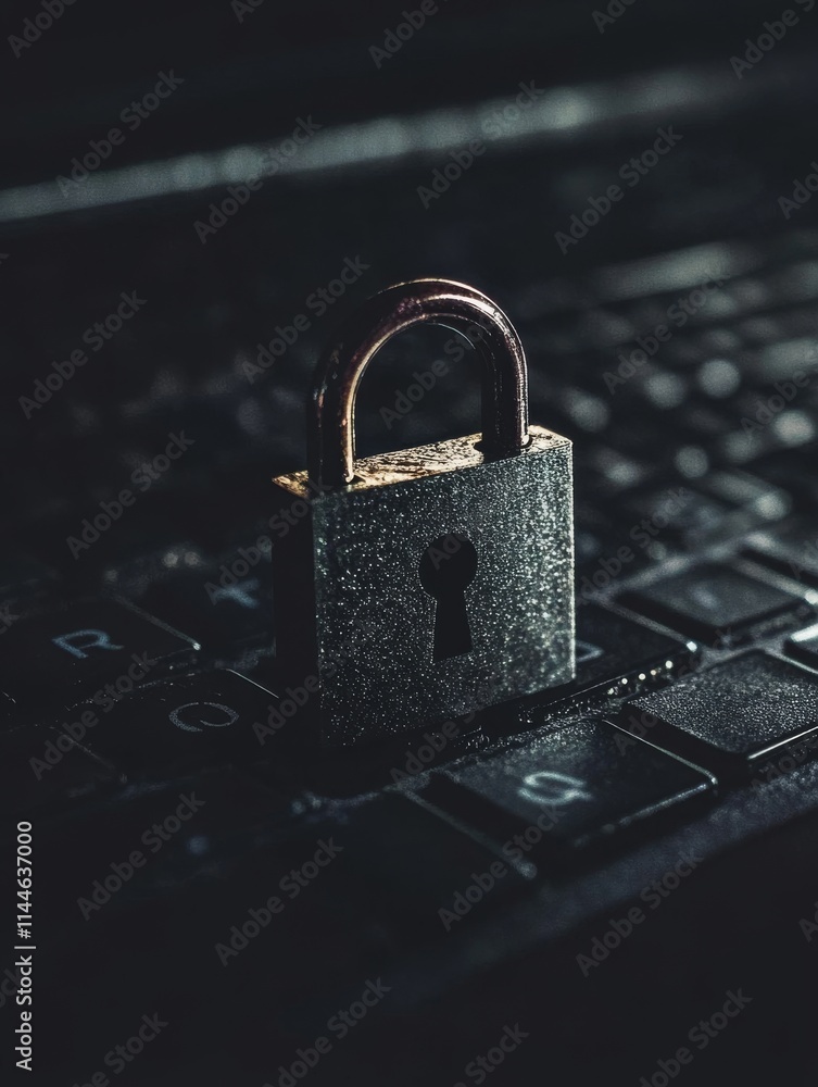 Poster close-up of a rusty padlock resting on a dark keyboard, symbolizing security and the importance of s