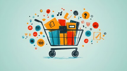 Flat vector graphic of a shopping cart filled with goods and symbols of quality assurance for World Consumer Rights Day