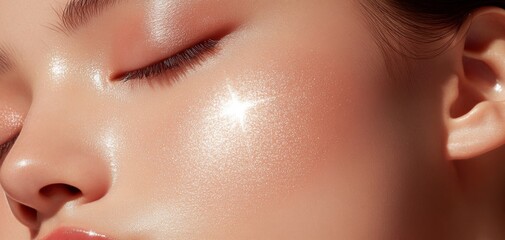 Fototapeta premium Close-up of a youthful woman's radiant skin, highlighting natural beauty and glow. Emphasizes skincare, health, and relaxation in modern living.