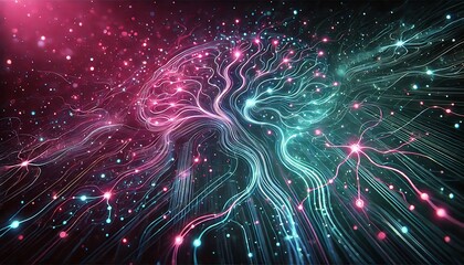 stylized human brain with glowing neural connections and particles, artificial intelligence and consciousness concept, neurological activity visualization, abstract brain illustration