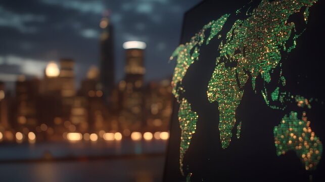 A glowing map of Africa against a city skyline at dusk, showcasing illuminated data points and a modern urban atmosphere.
