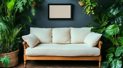 Fototapeta premium Cozy sofa surrounded by lush green plants.