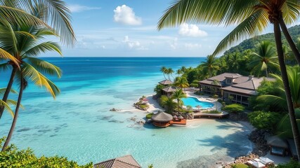 A stunning ocean front resort surrounded by lush tropical landscape, perfect for a luxurious vacation, relaxation, paradise