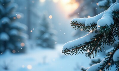 Winter wonderland snow covered pine branches soft blue