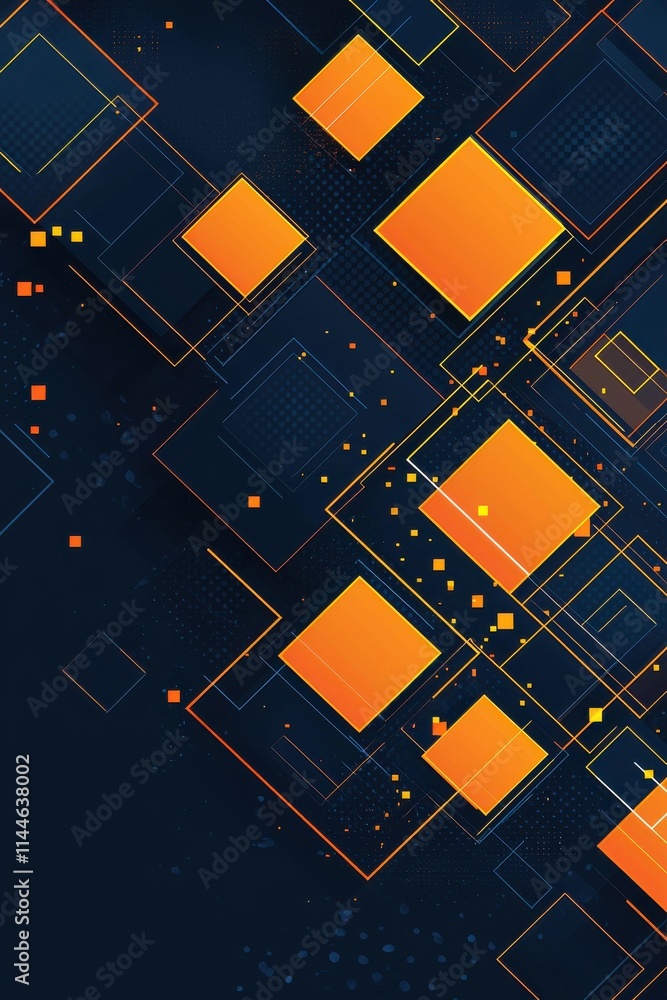 Poster modern geometric abstract background with glowing orange squares and lines