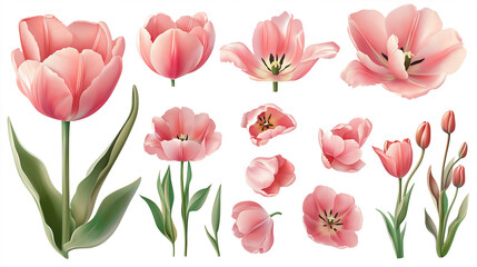 Fototapeta premium Beautiful Set of Decorative Pink Tulips Isolated on White for a Spring-Themed Holiday Decor