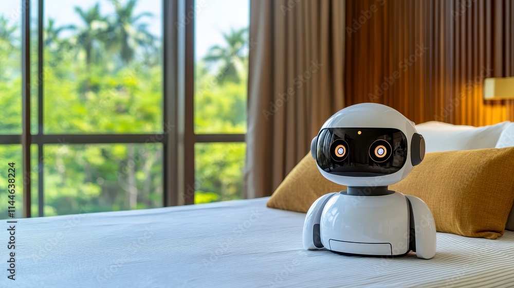 Poster a modern robot sits on a bed in a stylish room, surrounded by large windows with a view of lush gree
