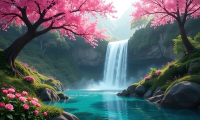 Enchanted waterfall paradise vibrant cherry blossoms lush forest