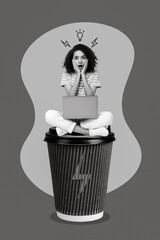 Collage 3d image of pinup pop retro sketch of impressed lady working modern gadget charging by caffeine isolated painting background