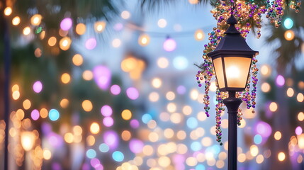 Beads draped over a classic French Quarter lamppost, vibrant Mardi Gras colors of purple, green, and gold