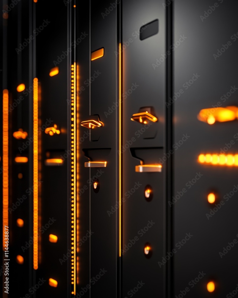 Poster close-up view of sleek black server cabinets with illuminated orange lights, representing modern dat
