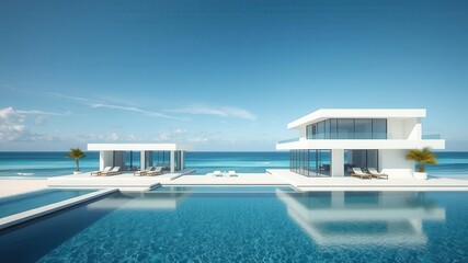 Fototapeta premium Modern beachfront property with sleek architectural design overlooking the ocean, architecture, design