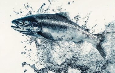 Obraz premium Silver salmon jumps through water creating splashes while swimming in a clear environment showcasing its vibrant
