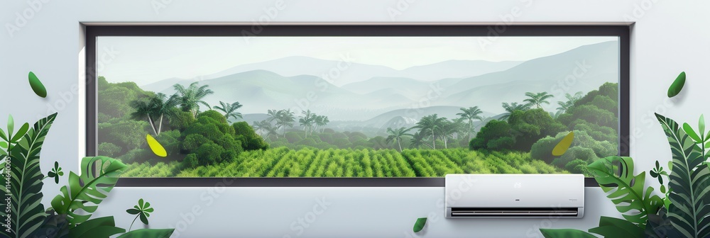 Poster air conditioner mounted on wall with open window overlooking serene landscape filled with lush green