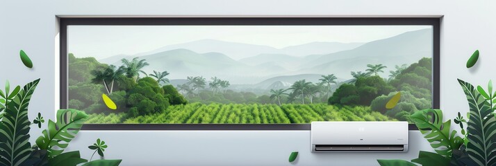 Air conditioner mounted on wall with open window overlooking serene landscape filled with lush greenery and distant mountains. Generative AI