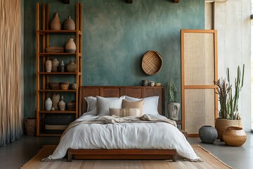 Interior of a cozy bedroom with a large double bed