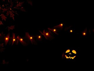 Spooky Halloween background with glowing skull and pumpkin, autumn, glowing, decoration