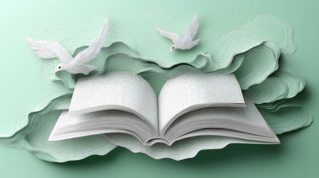 Papercut composition of an open book with pages transforming into birds flying across the sky for World Poetry Day
