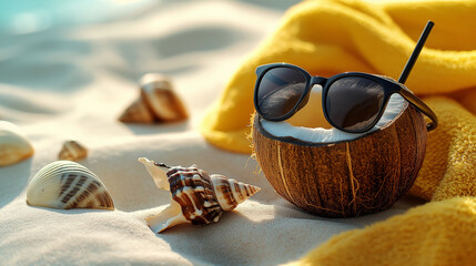 Coconut shell with sunglasses on a sandy beach, surrounded by seashells and a yellow towel