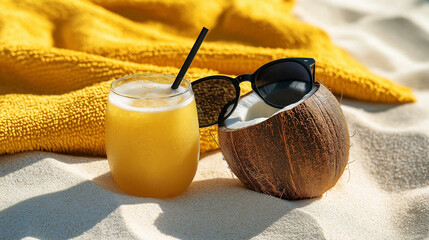 Coconut shell drink and frosty orange beverage on a sunny beach with a yellow towel