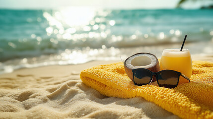Sunglasses, coconut shell, and a refreshing drink on a sunny beach with a yellow towel