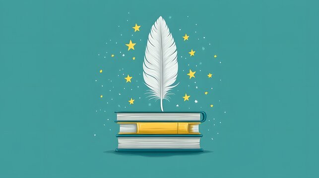 Flat vector banner featuring a hand holding a quill, surrounded by stars and books for World Poetry Day