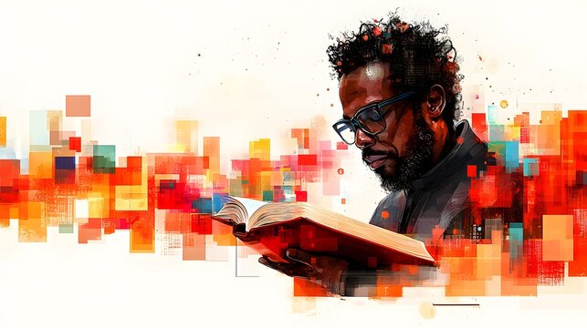 Flat vector artwork of a poet holding an open book with colorful verses radiating outward for World Poetry Day