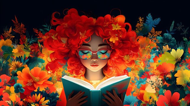 Flat vector artwork of a poet holding an open book with colorful verses radiating outward for World Poetry Day