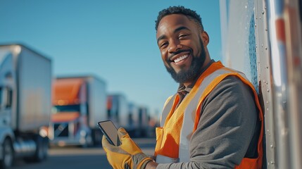 Smiling Construction Worker in Safety Gear Using Smartphone with Trucks in Background on a Sunny Day