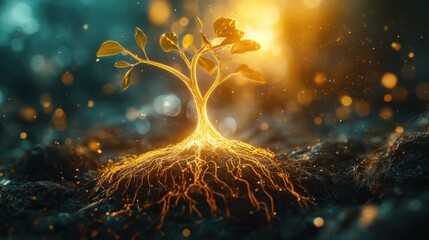 Glowing seed sprouting with radiant roots and branches symbolizing growth of visionary ideas