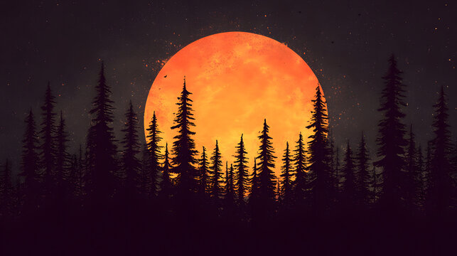 Watercolor painting of a sunrise over a lush forest canopy with birds flying across the sky for International Day of Forests