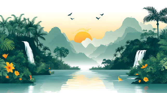 Flat vector scene of a forest with a river flowing through it, featuring diverse flora and fauna for International Day of Forests