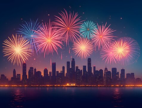Cityscape cityline night new year eve celebration fireworks lights colorful atmosphere sky