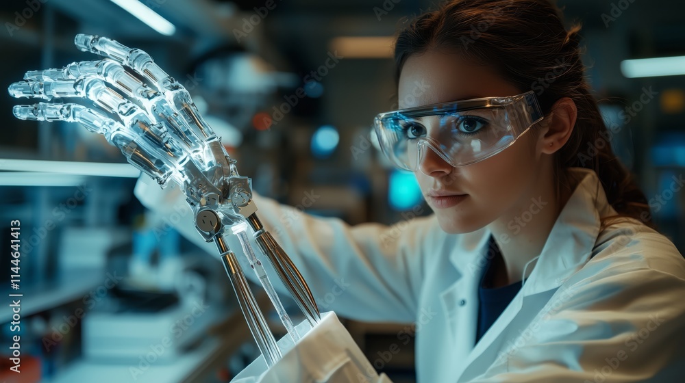 Poster scientist in laboratory examining advanced robotic hand technology with neon lighting, showcasing in